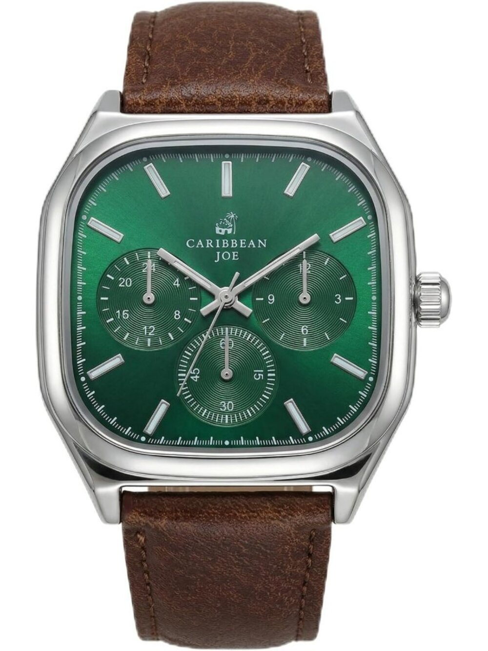 Stylish Men's Analog Watch, Square Silver-Tone Case, Dark Green Dial, Brown